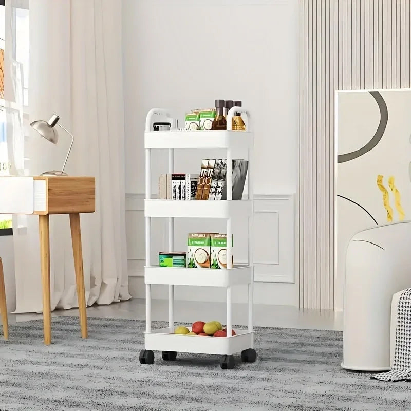 White rolling storage cart. Multifunctional, open shelves for books – alternate view