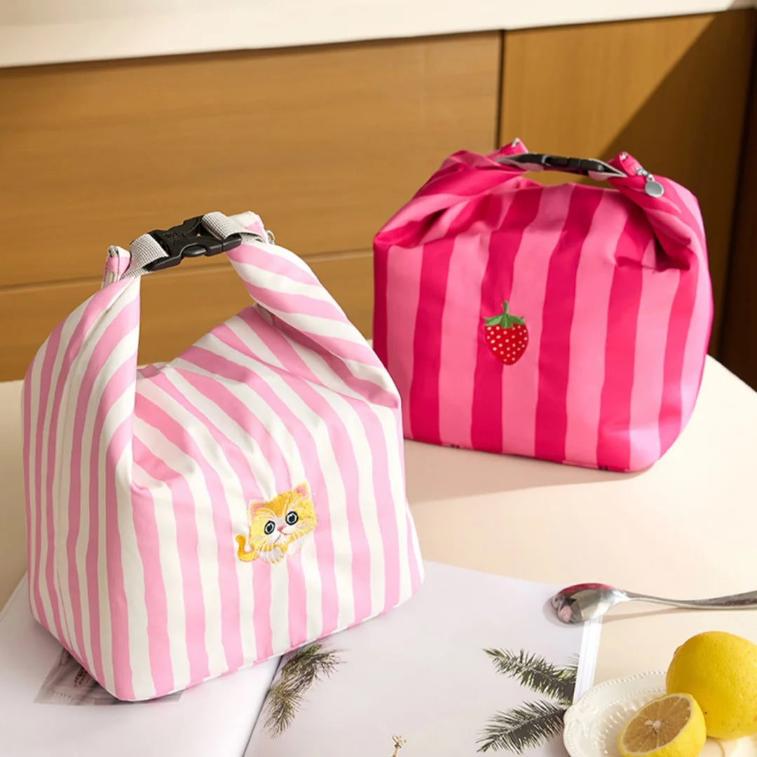 New Pink Striped Strawberry Cat Insulated Cute Lunch Handbag Large – Rose Red