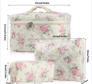 Floral Quilted Travel Cosmetic Bag – Small flowers on white background