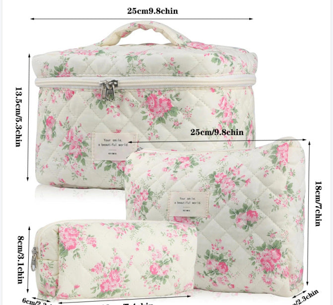 Floral Quilted Travel Cosmetic Bag – Small flowers on white background