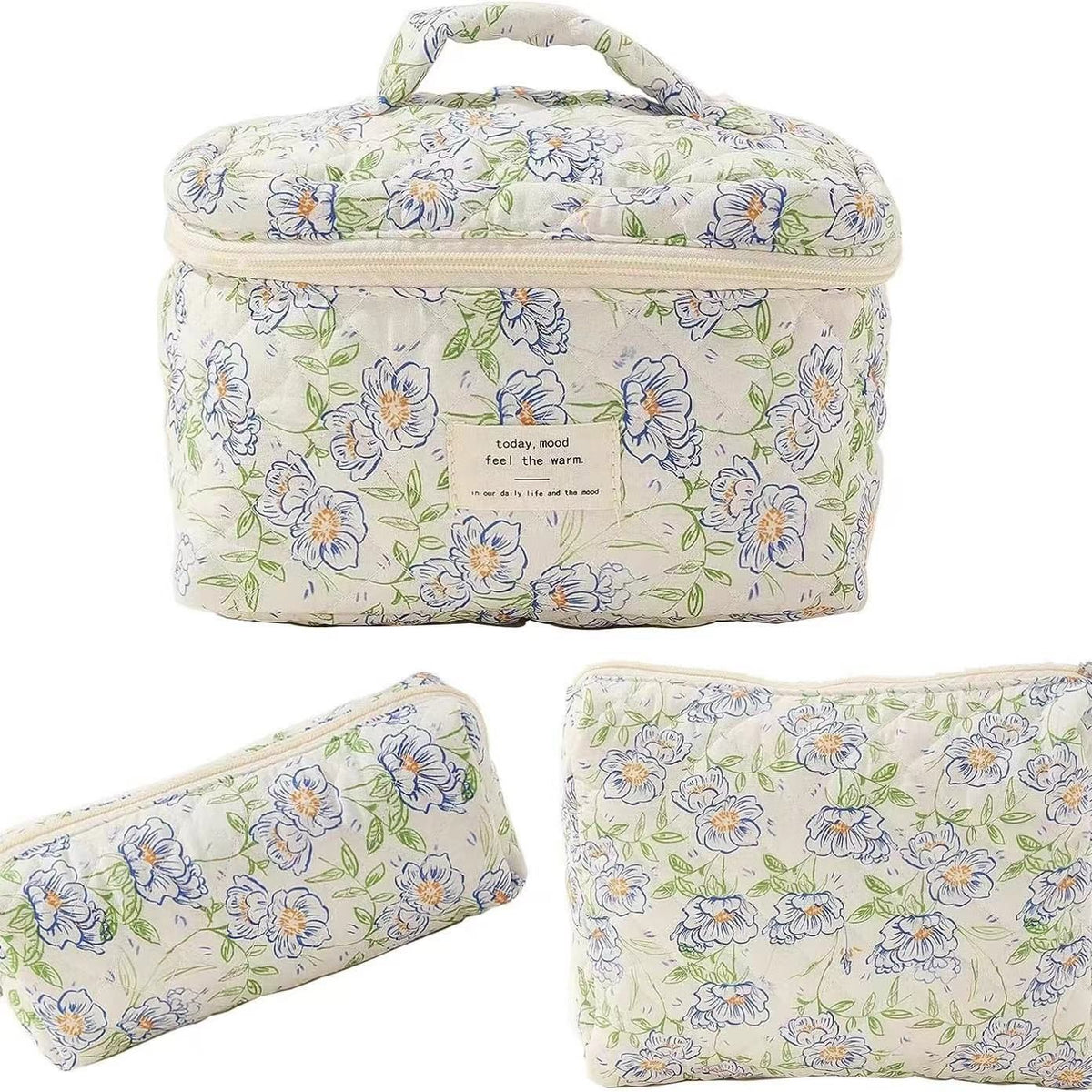 Floral Quilted Travel Cosmetic Bag – Dark blue flowers