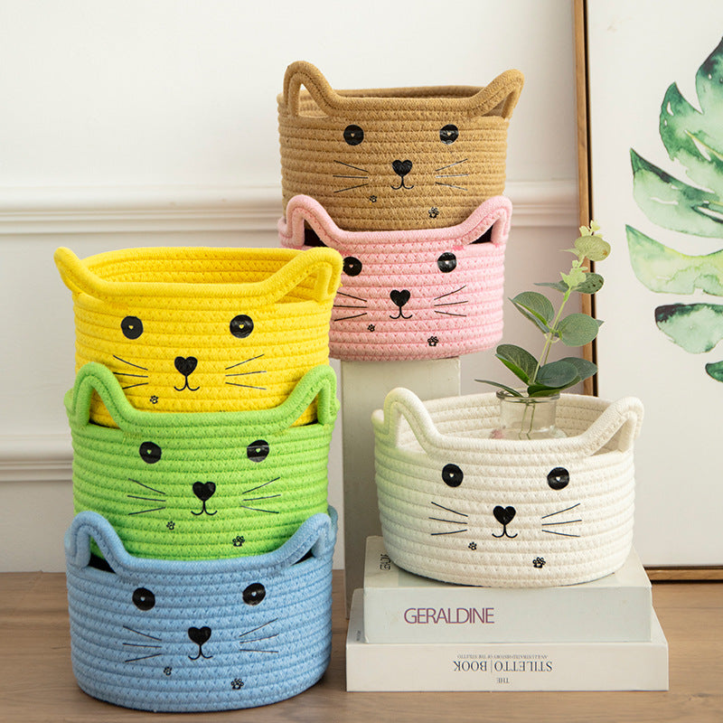 Handwoven Cotton Rope Storage Basket Dirty Clothes Basket Frame – Cat Pink