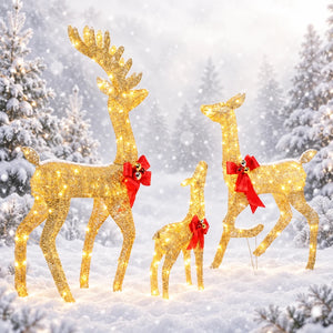 Decorative gold reindeer with red bows on a white background