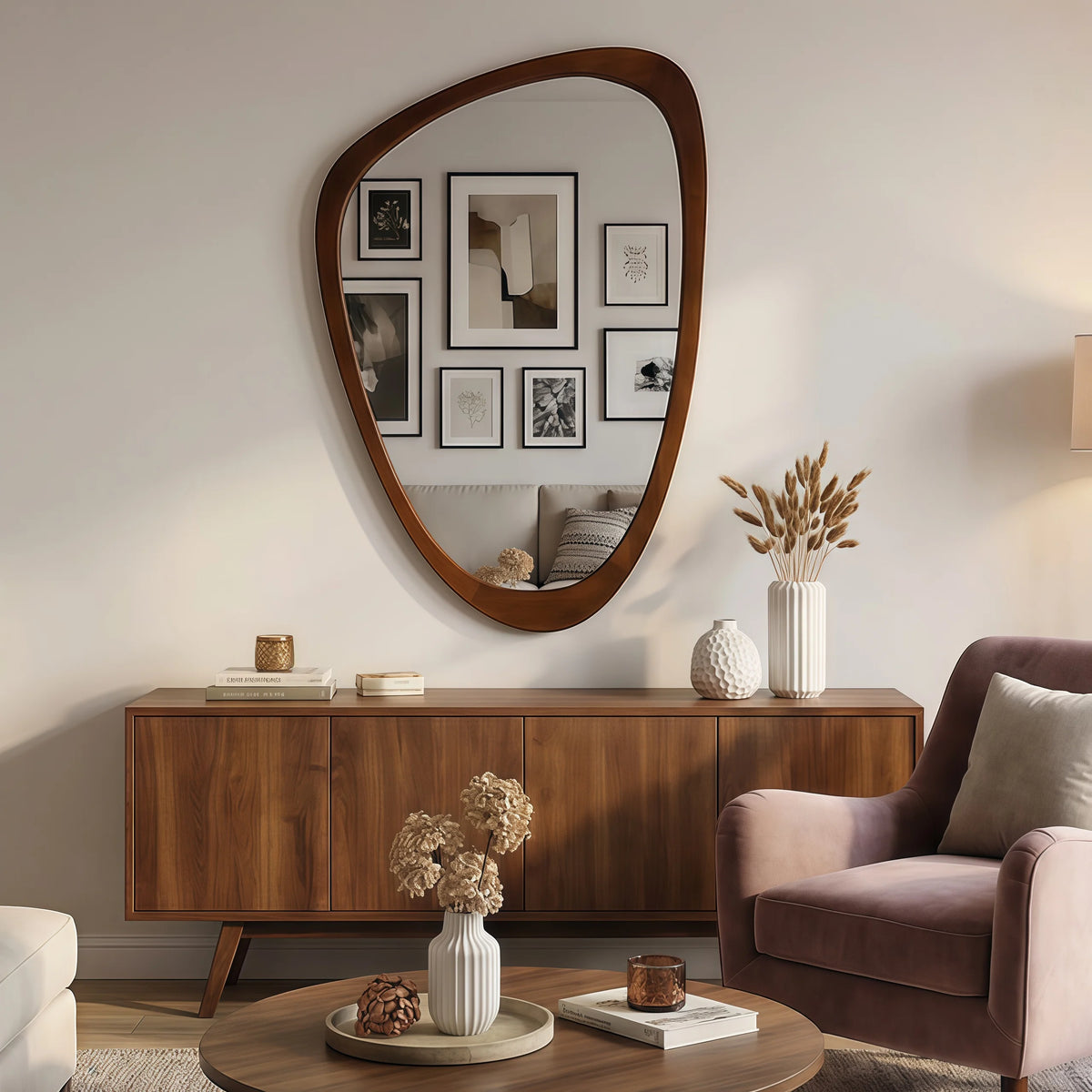 Black Walnut Wood Color 24"x36" Irregular Solid Wood Frame Decorative Mirror,For Bedroom, Bathroom, Living Room, Entryway