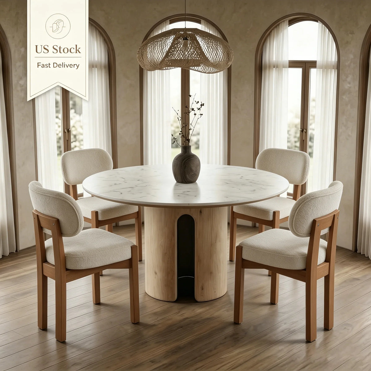 Modern Upholstered Dining Chair Boucle Fabric Solid Wood Leg Kitchen Side Chair Home Restaurant Armless Dining Room Furniture