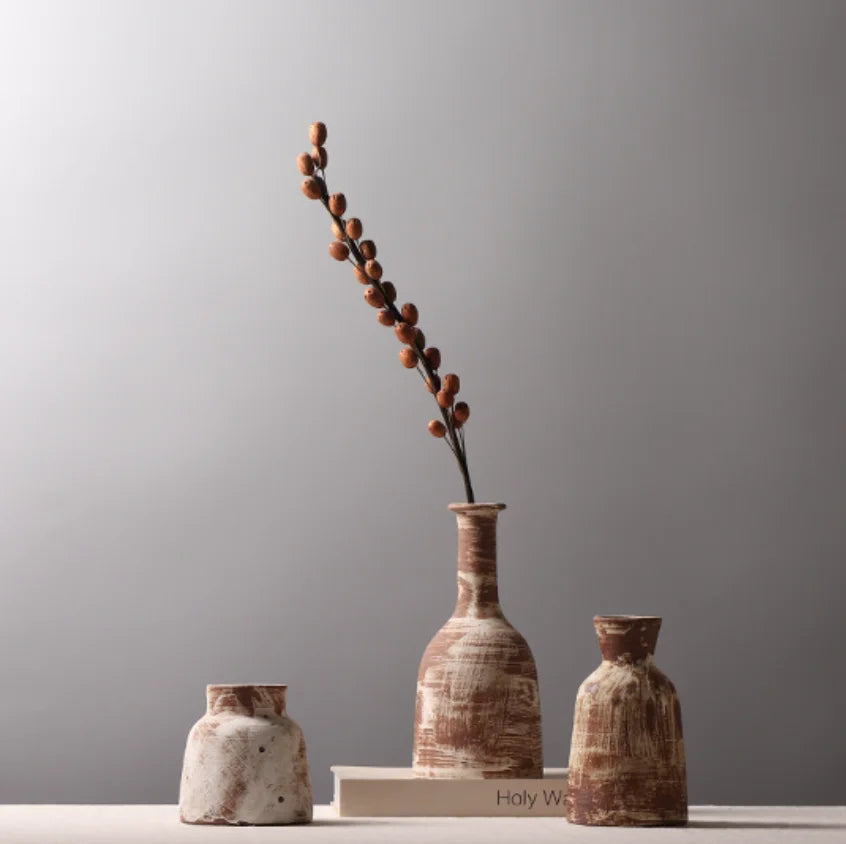 Small Bohemian Floor Vase Brown Ceramic Rough Pottery Creative Flower Arrangement for Living Room