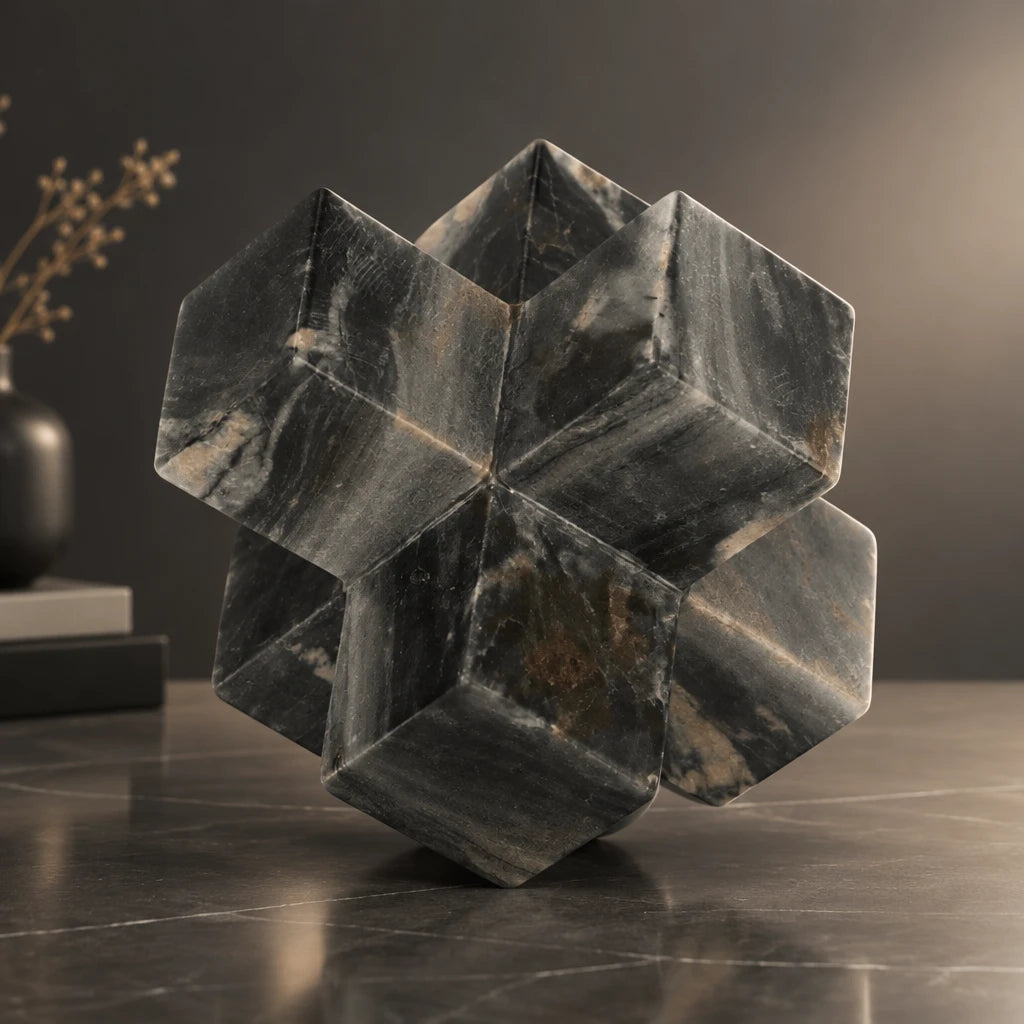 A cluster of interlocking hexagonal stone pieces, likely a carved decorative object or puzzle, made from dark gray and black marbled stone with subtle brown and green veining, isolated on a white background.