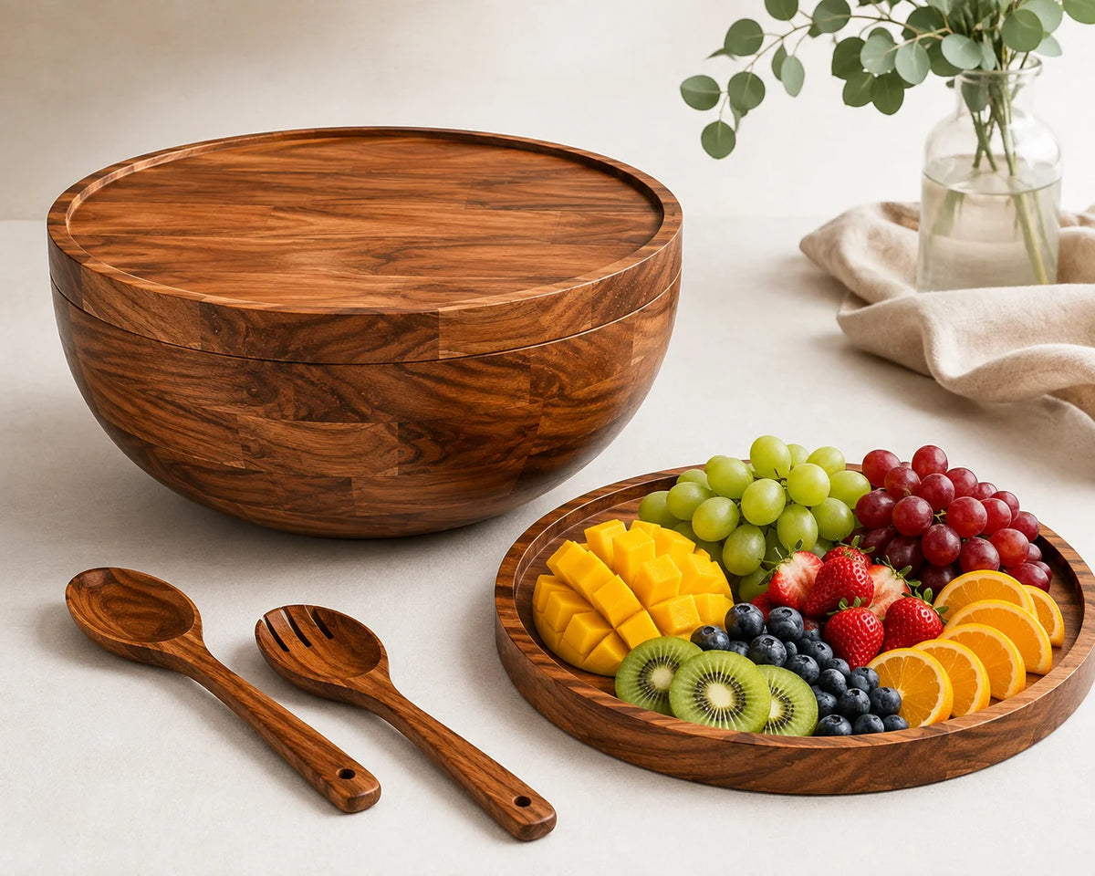 A large oval wooden serving bowl with a matching lid sits on a light neutral surface. In front are two wooden serving spoons, and to the right is a round wooden platter filled with fruit including grapes, strawberries, kiwi, blueberries, mango, and orange slices.