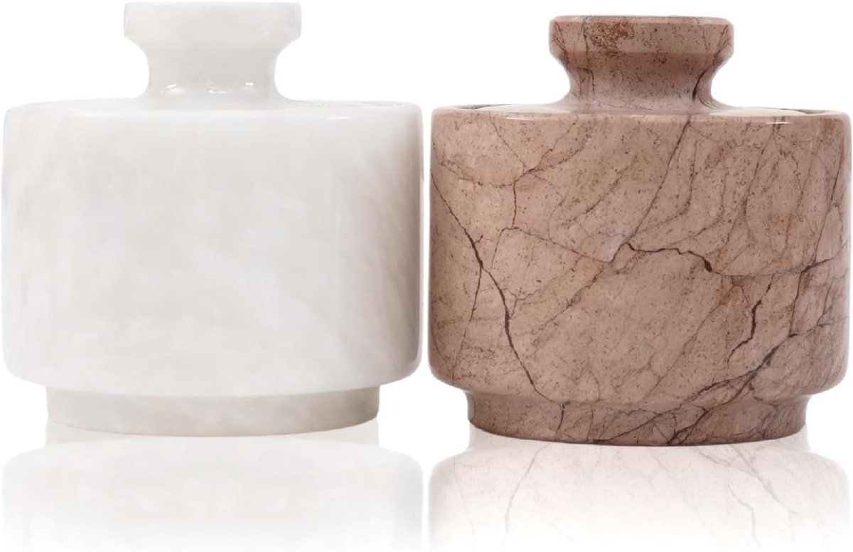 Natural Marble Salt Cellars with Lids – White & Marinara, Set of 2