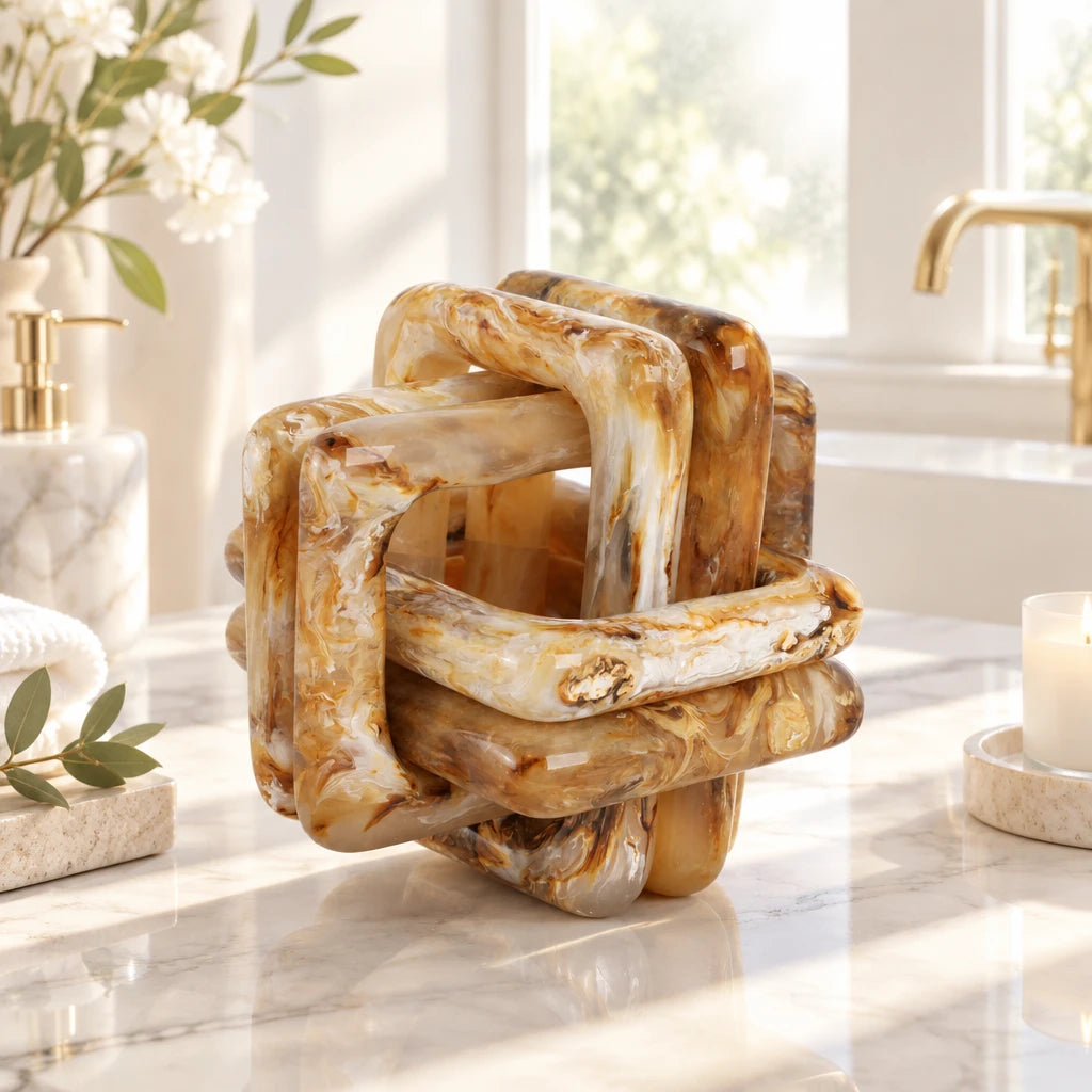 Marble-like cube with interlocking design on a white background