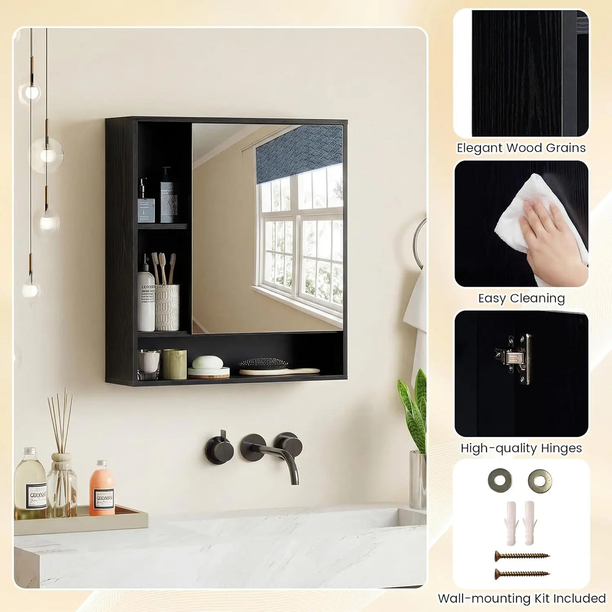Mirrored Bathroom Wall Cabinet with Open Shelves – alternate view