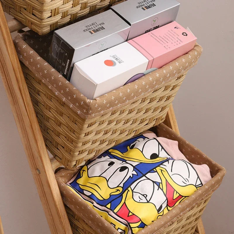 3- or 4-Tier Solid Wood Storage Rack with Baskets