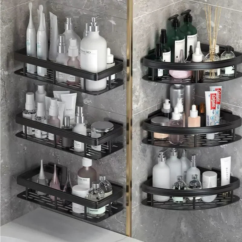 No-Drill Corner Shower Storage Shelf – Black Rectangle