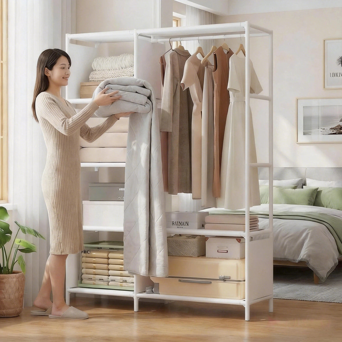 Multi-Tier Clothes and Quilt Storage Rack