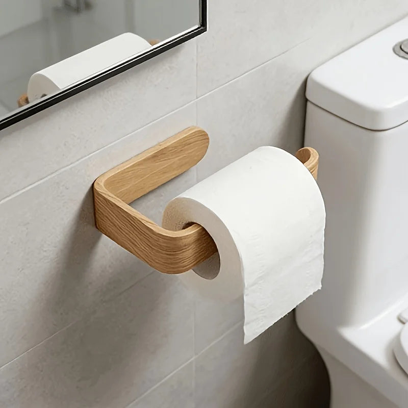 Wall-Mounted Toilet Paper Holder with Shelf – Wood Grain Color