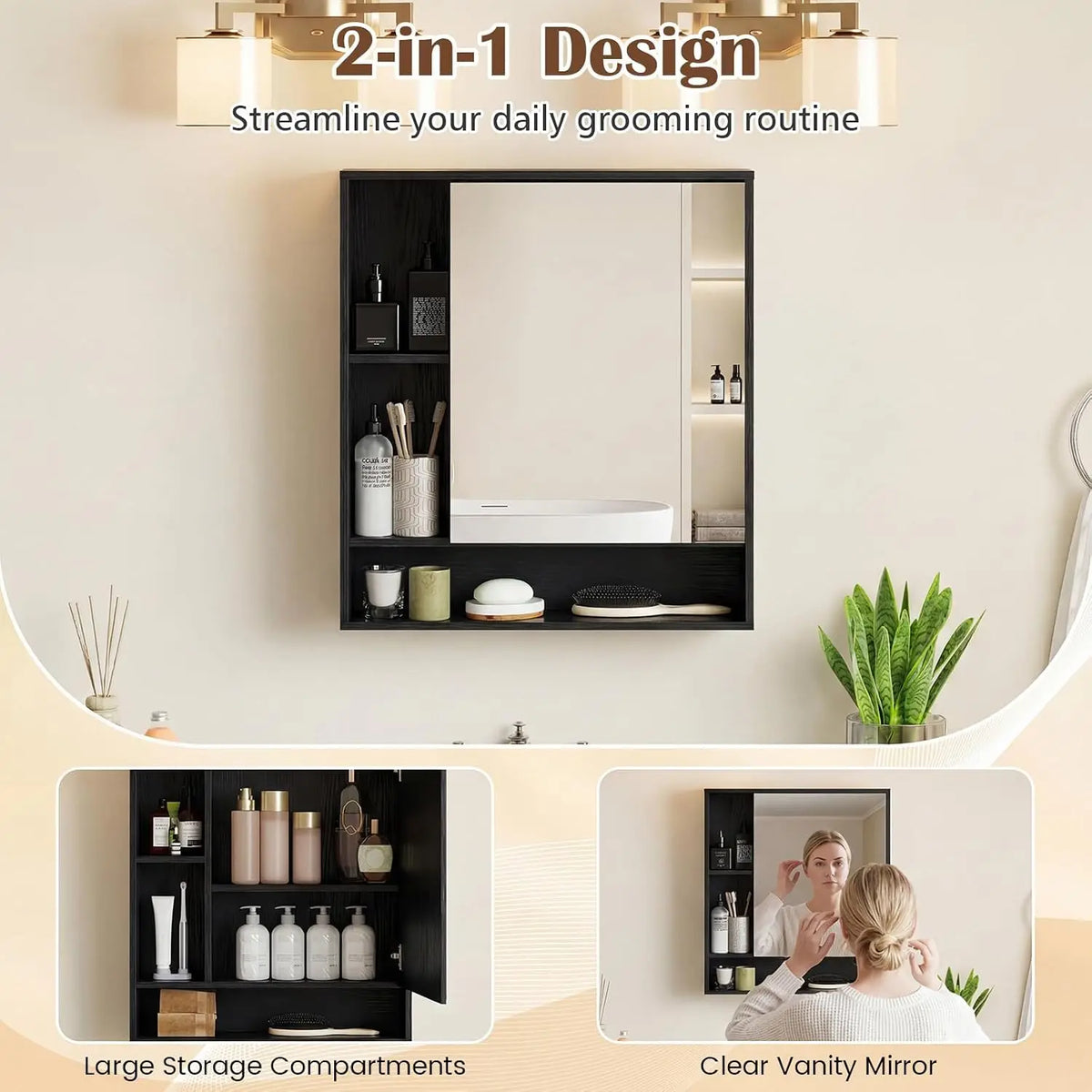 Mirrored Bathroom Wall Cabinet with Open Shelves – alternate view