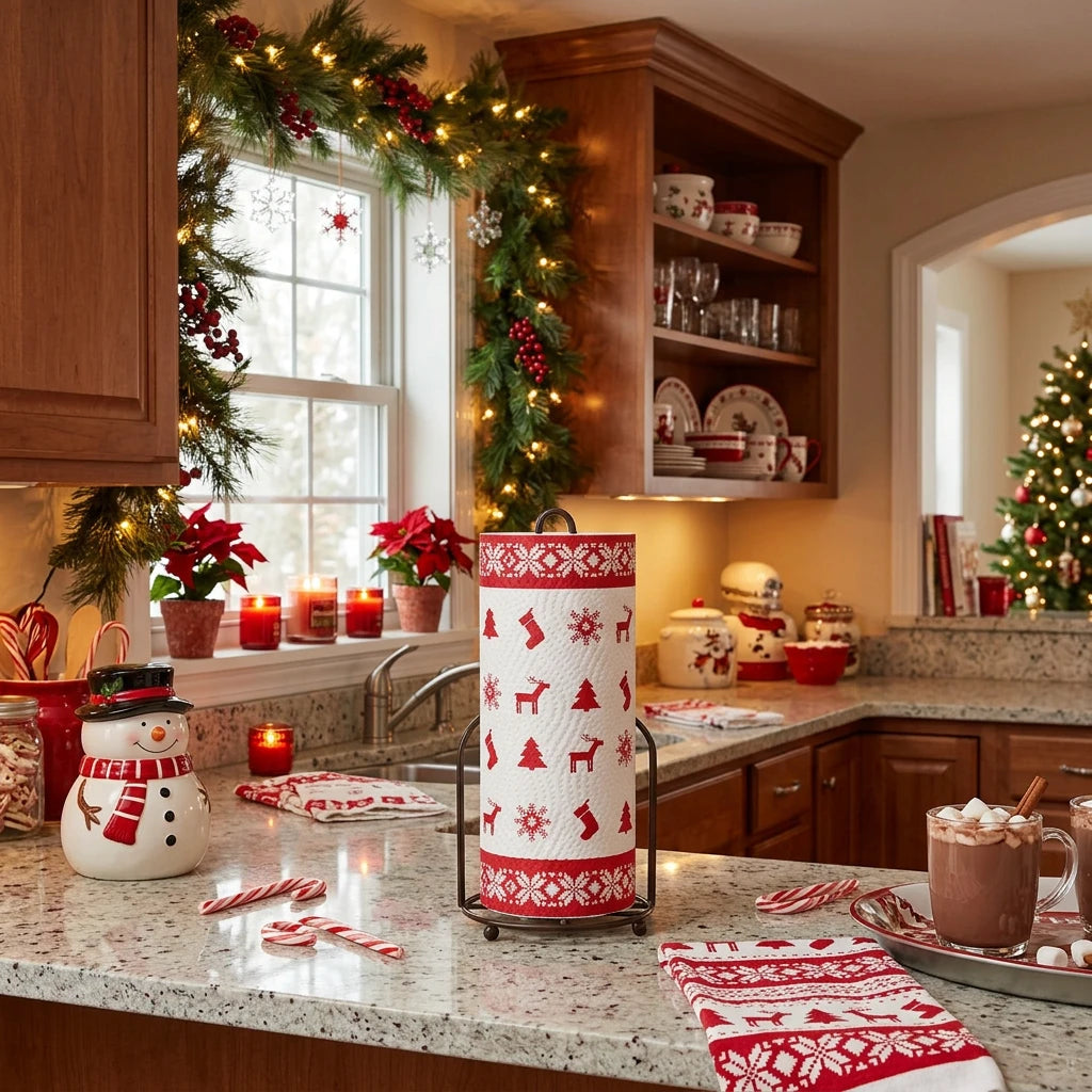 Towel with red and white Christmas-themed patterns on a white background
