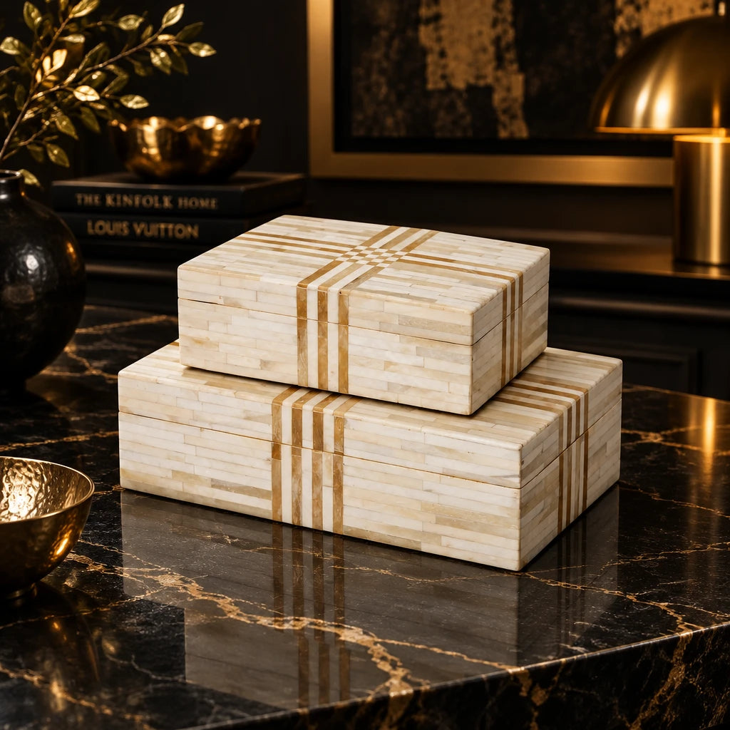 Two wooden boxes with striped pattern on a white background