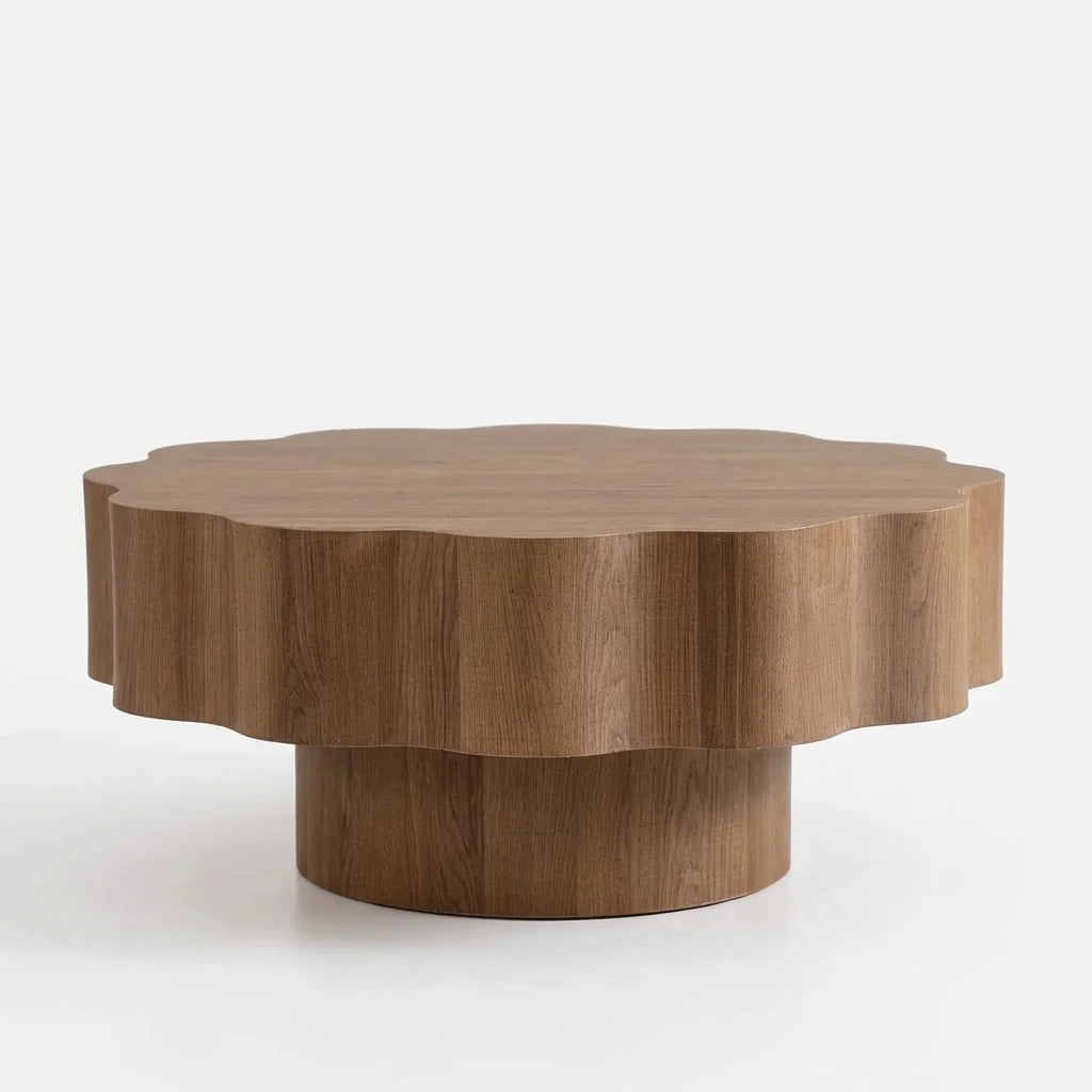 Wooden coffee table with dimensions on a neutral background