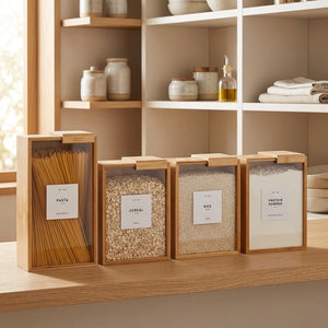 Four wooden storage boxes with transparent lids on a white background