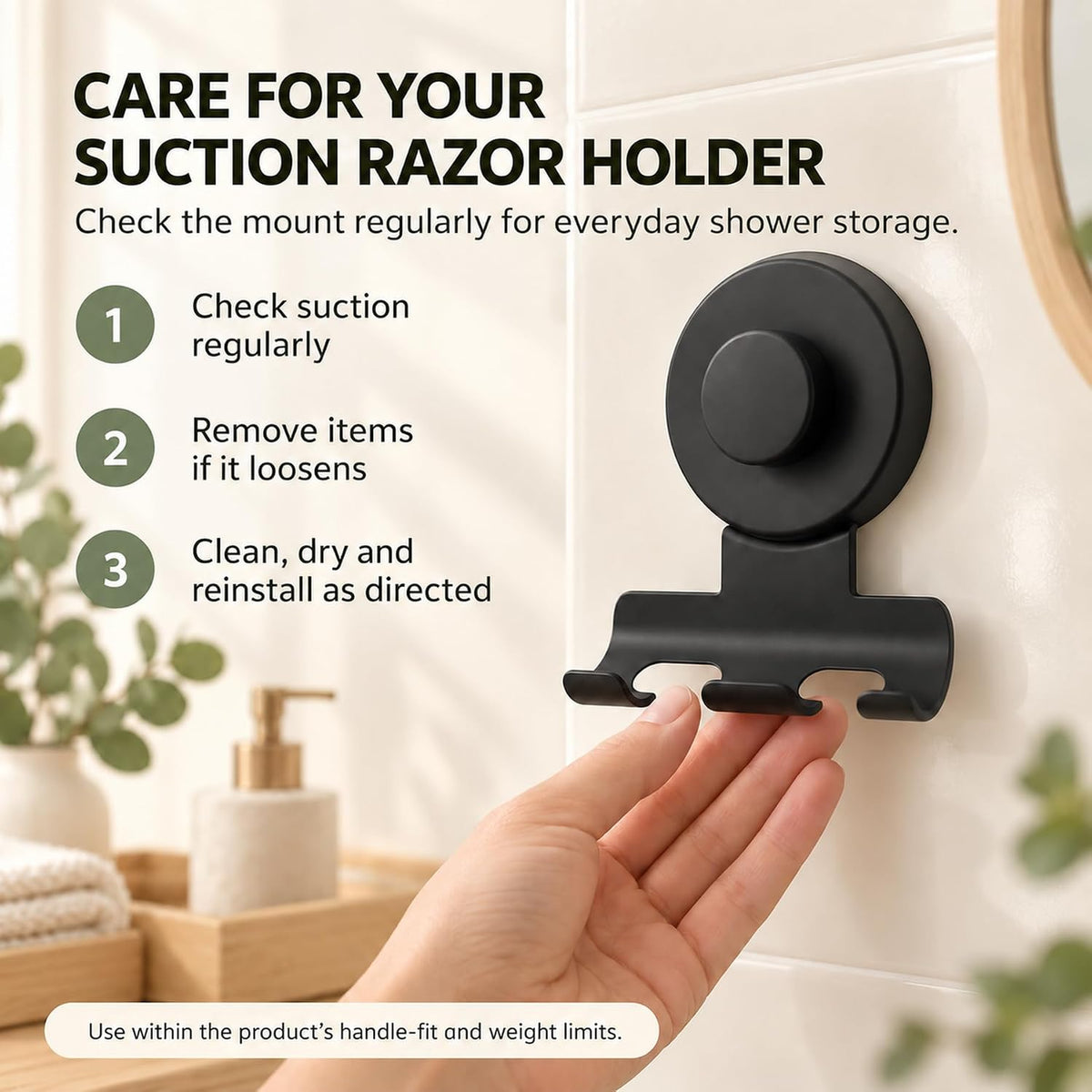 Matte Black Suction Razor Holder – No-Drill Shower Hook