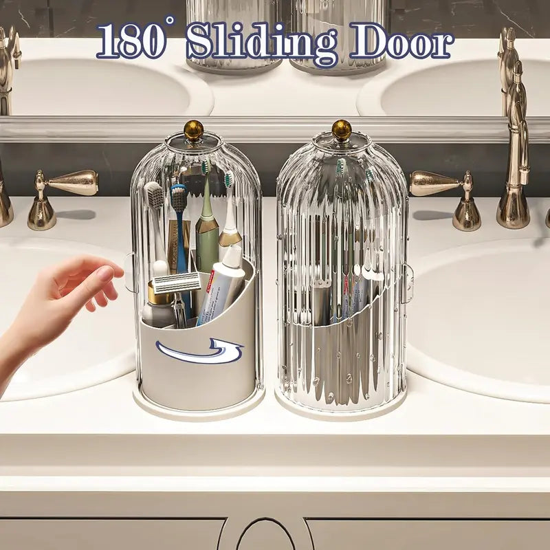 Summerwins Acrylic Rustproof Toothbrush Holder with Cover - 360-Degree Rotation Compact Transparent Door Lid Bathroom Accessories Organizer for Vanity Countertop Storage, 1-Count Rotating Box