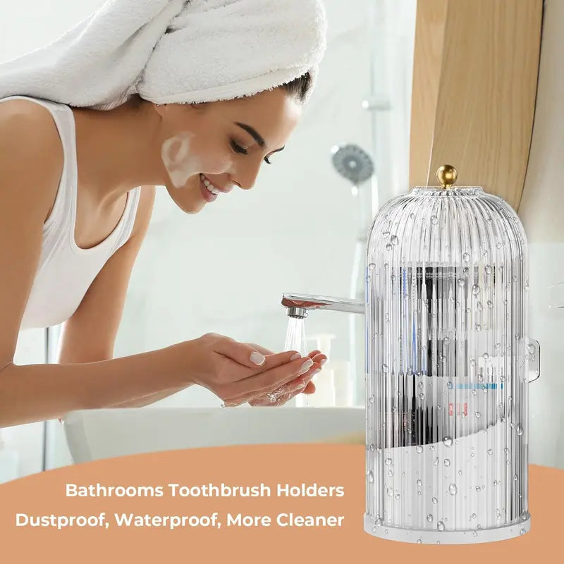 Summerwins Acrylic Rustproof Toothbrush Holder with Cover - 360-Degree Rotation Compact Transparent Door Lid Bathroom Accessories Organizer for Vanity Countertop Storage, 1-Count Rotating Box