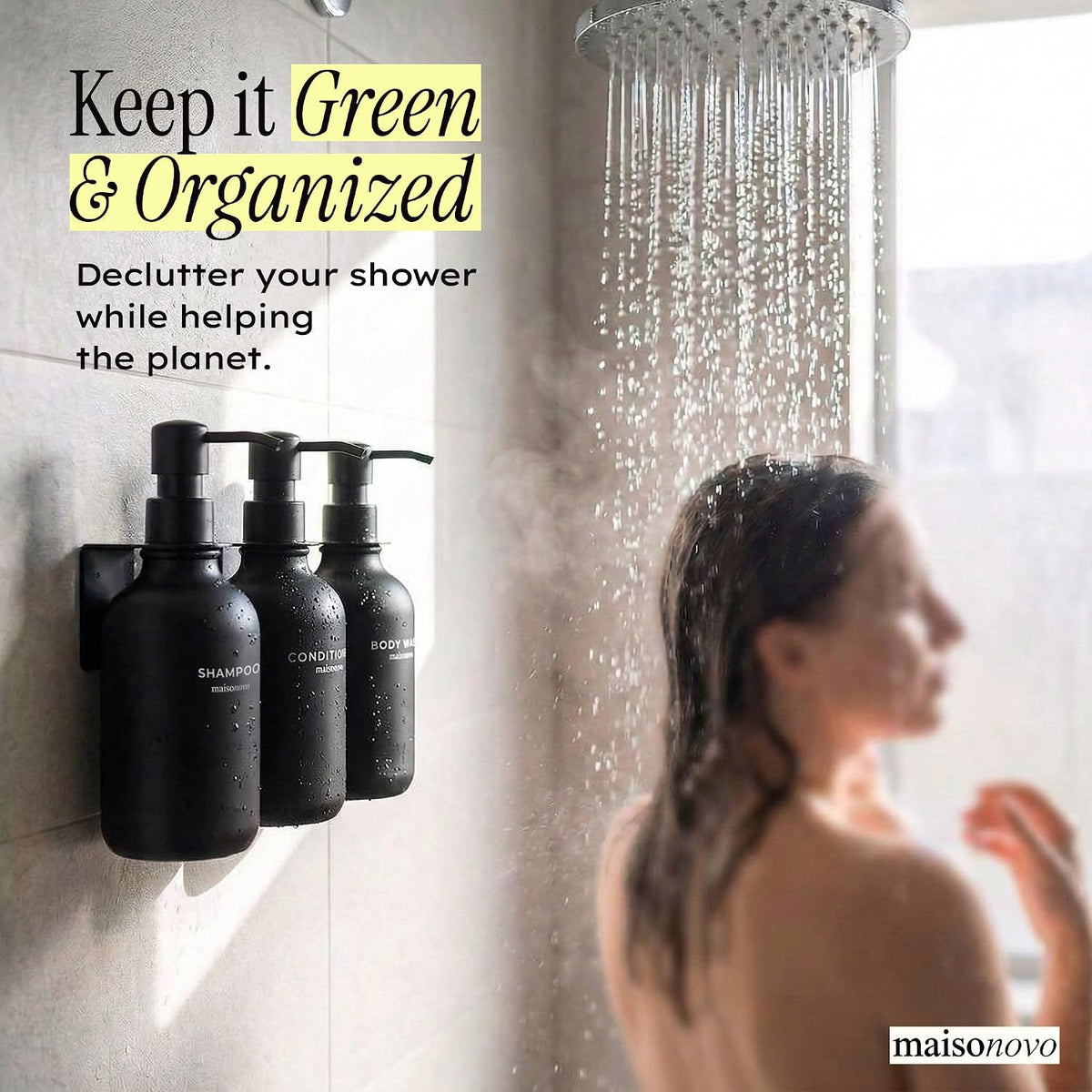 Black Wall-Mounted Shower Dispenser Set – 3 Refillable Bottles