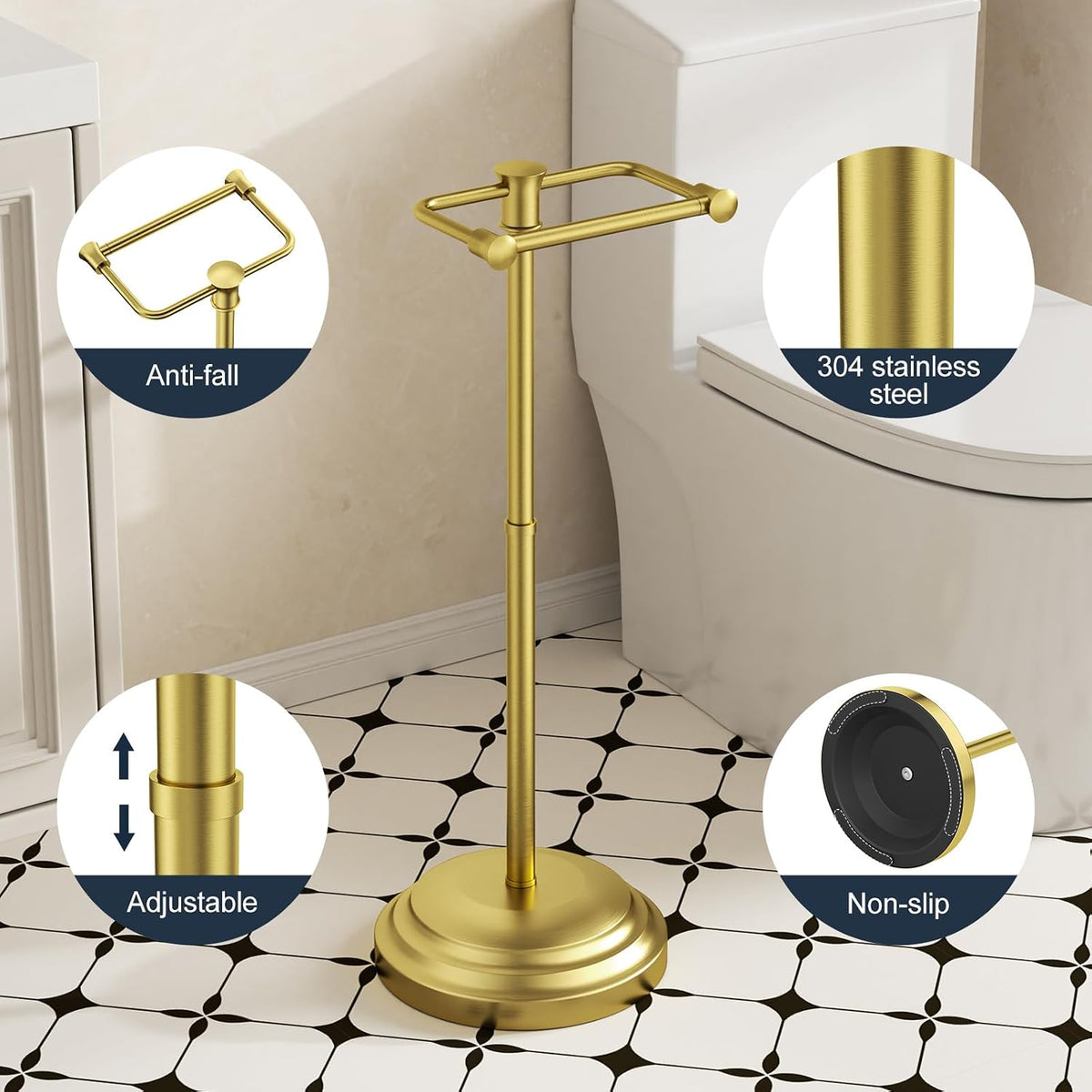 Adjustable Freestanding Toilet Paper Holder – Brushed Gold