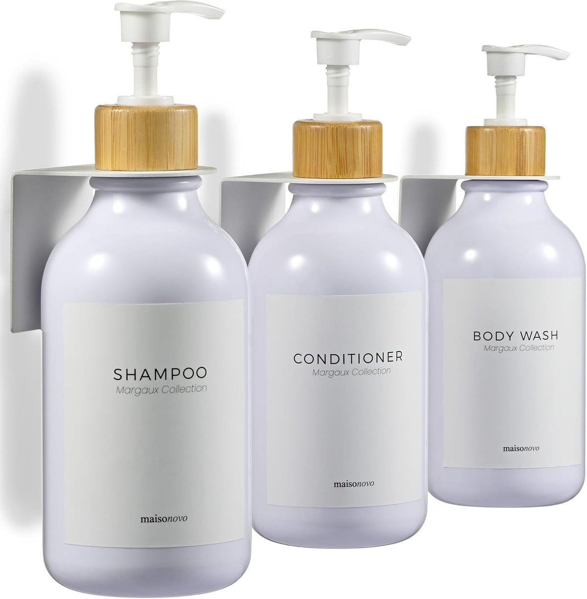 White & Bamboo Shower Dispenser Set – 3 Refillable Bottles