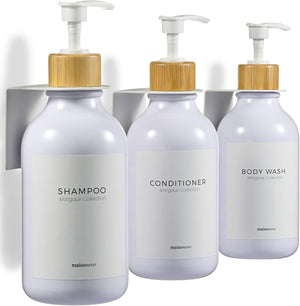 White & Bamboo Shower Dispenser Set – 3 Refillable Bottles